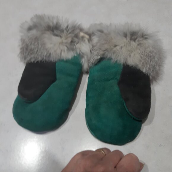 Children's Leather and Real Fur mittens - green leather - Picture 7 of 11